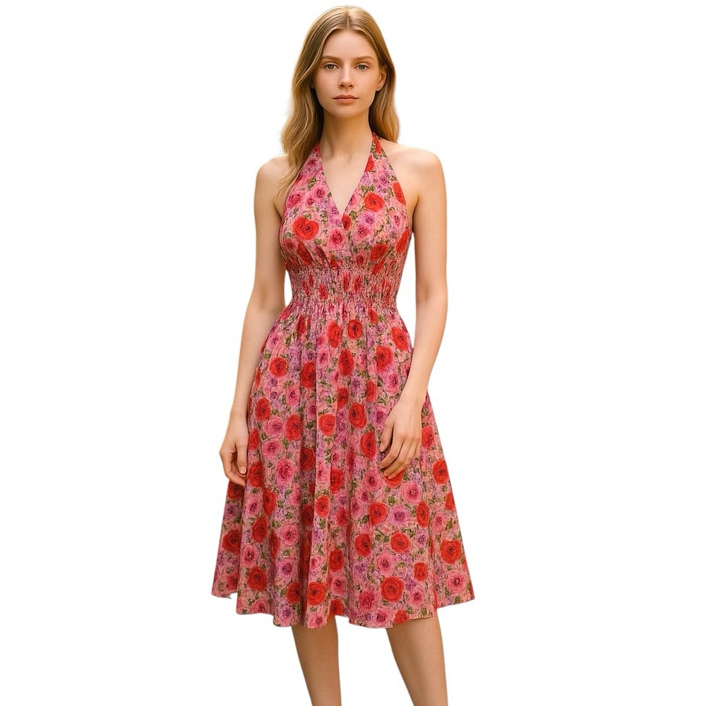 Philip DiCaprio‎ Red Floral Cotton/Silk Blend Halter Midi Dress